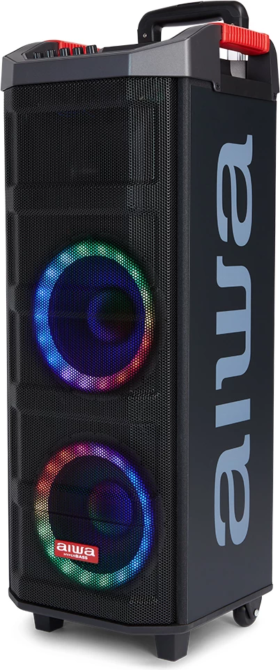 Altoparlant portativ Bluetooth Aiwa KBTUS-608 80 W RMS me drita RGB, me karrocë me rrota, i zi, me 2 mikrofonë wireless
