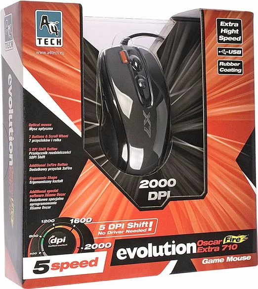 Maus gaming A4Tech EVO XGame X710 Extra Fire, 2000 DPI, 7 butona, USB kabllor 1.8 m, e zezë