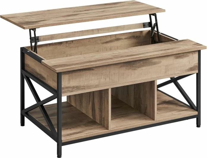 Tavolinë kafeje VASAGLE LCT205K50V1, kapak ngritës, lartësi e rregullueshme 48–62 cm, me hapësirë ruajtjeje, 60×95 cm, kafe kamel/zi