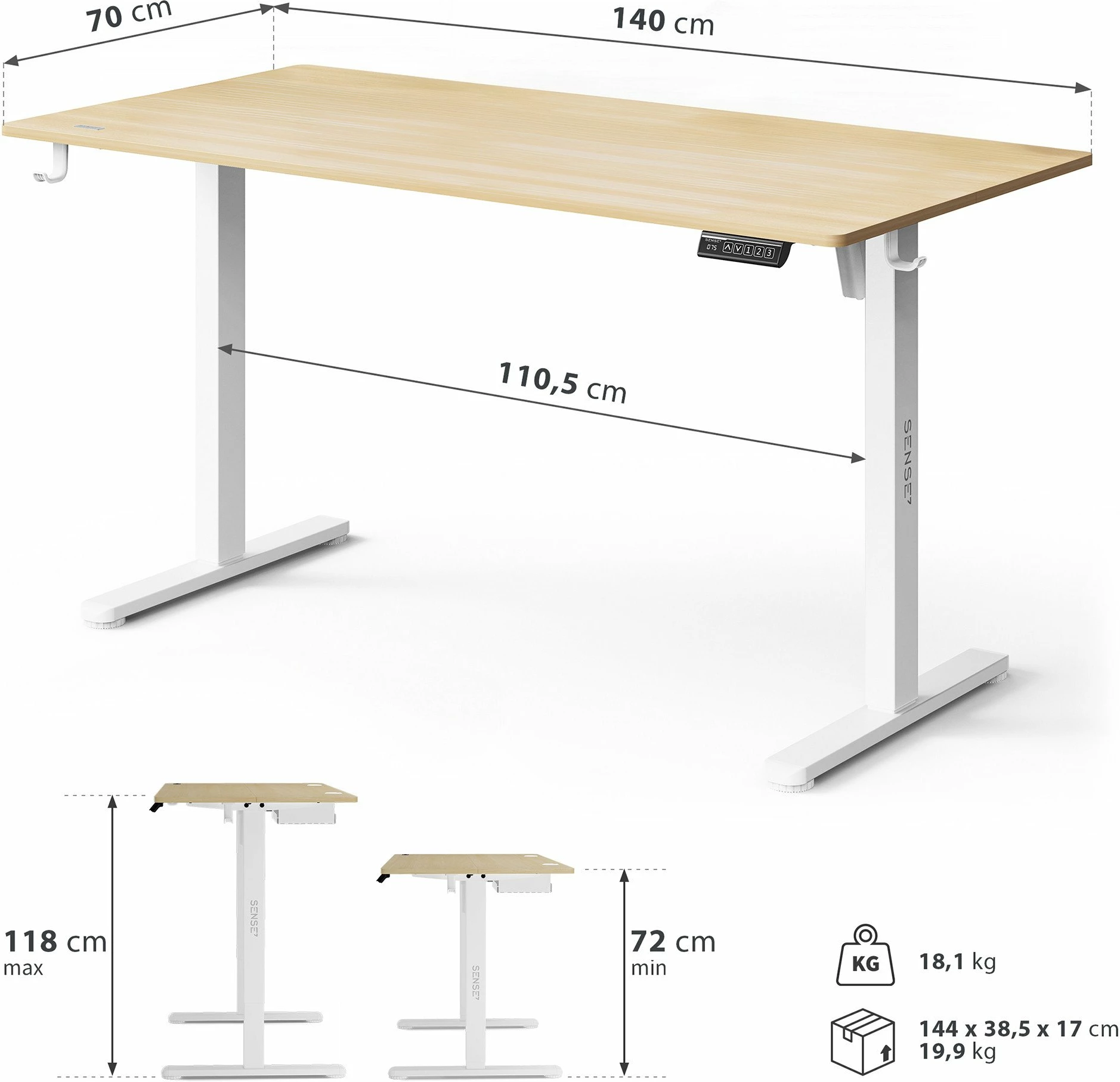 Tavolinë zyre/gaming elektrike SENSE7 NOJO LIGHT 140x70 cm, rregullim lartësie 72-118 cm, max 70 kg, kafe e çelët/bardhë, me mbajtëse kufjesh/çantë 2 copë