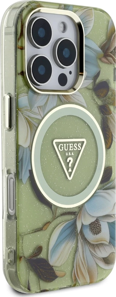 Mbështjellës Guess Glitter Flowers Triangle Buttons MagSafe për iPhone 16 Pro, Gjelbër