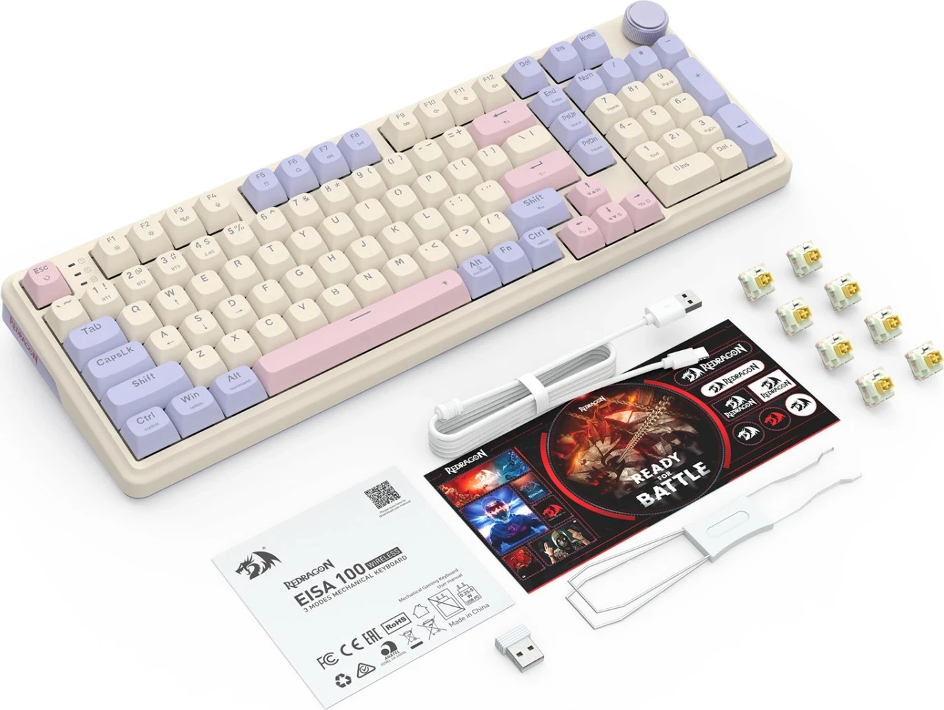 Tastierë gaming Redragon Eisa K768VI-WL, 96%, mekanike Hot-Swap, wireless/Bluetooth, RGB, e bardhë