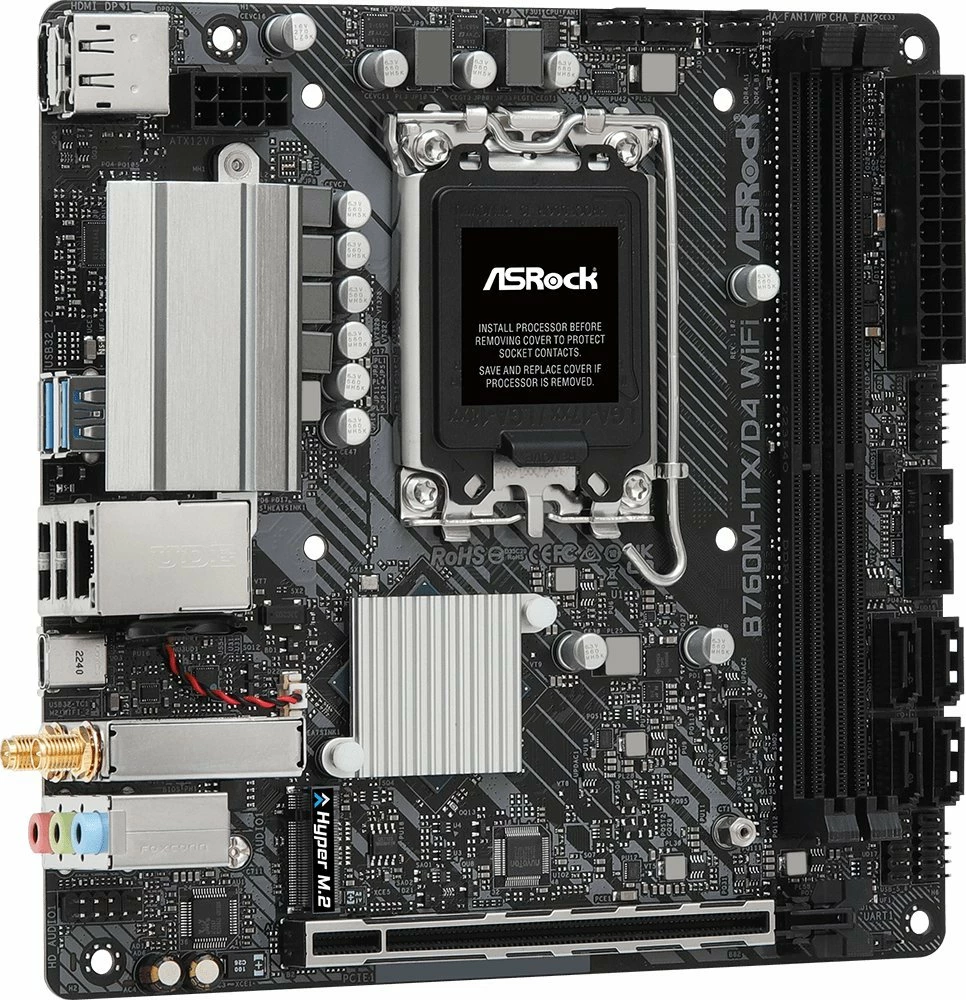 Pllakë amë ASRock B760M-ITX/D4 WiFi Mini-ITX DDR4, 64GB, Wi‑Fi 6E, Bluetooth, 2x antena