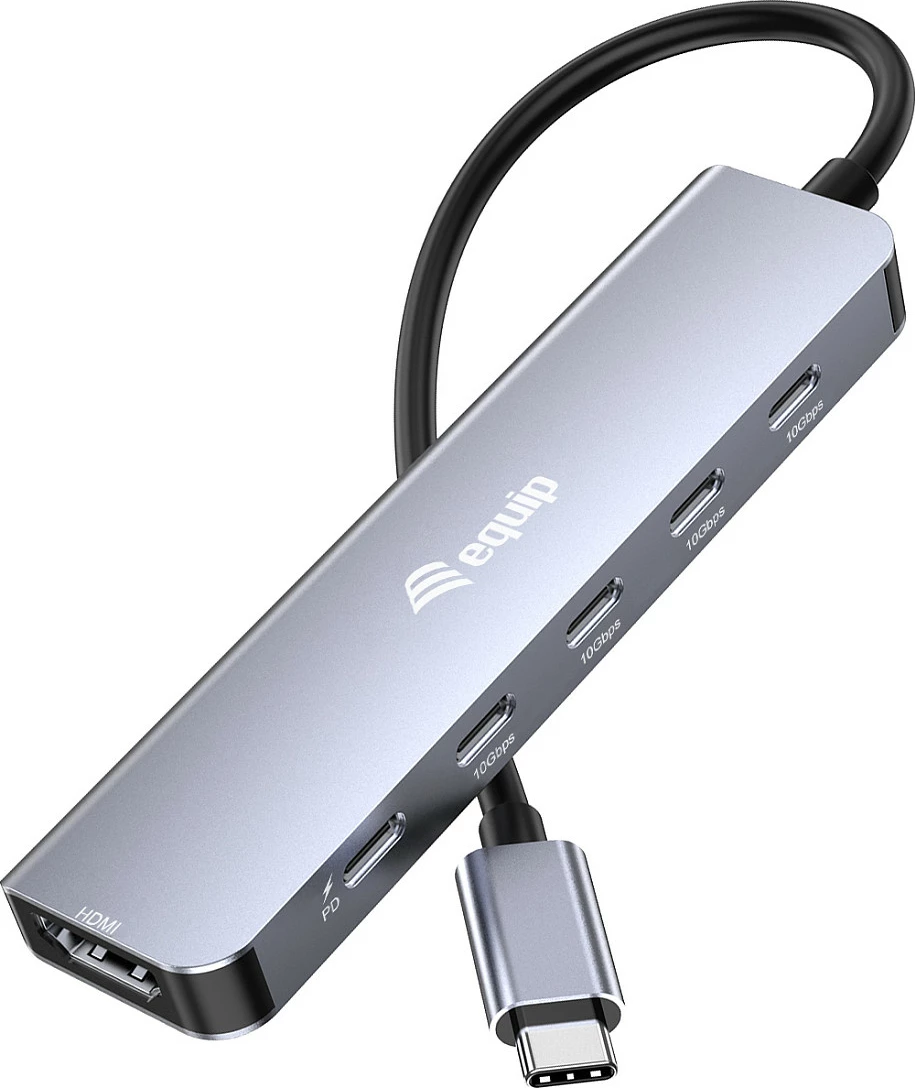 Adapter multifunksional USB-C EQUIP 133499, 6-në-1, HDMI 4K/60Hz, 100W PD, 10Gbps, Gri