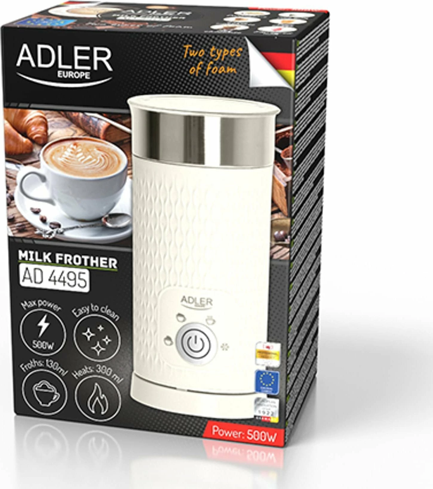Shkumëzues qumështi Adler AD 4495 500W, me ngrohje, 300 ml/130 ml, krem