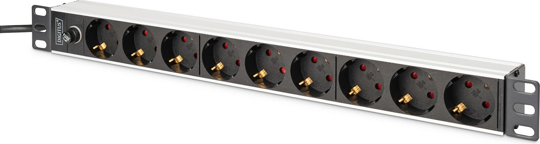Shirit prizash Digitus rack 19" 1U, 9x Type F (Schuko), 2m, 16A/2500W, zi/argjend