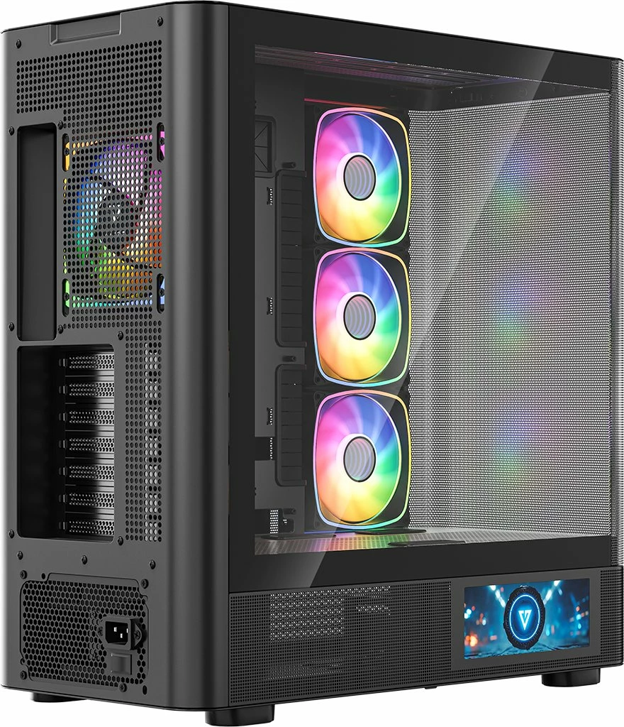 Kasë Modecom Volcano AQ400 ARGB (MC-A-AQ400-4FA-B) Midi Tower ATX/mATX/ITX, ekran LCD, 4x120mm ARGB, USB-C, e zezë