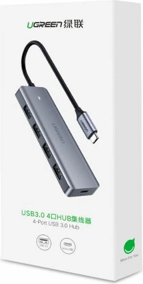 Hub USB-C UGREEN 70336, 4x USB 3.0, 5Gbps, portë Micro USB për rrymë, kabllo 15cm, gri