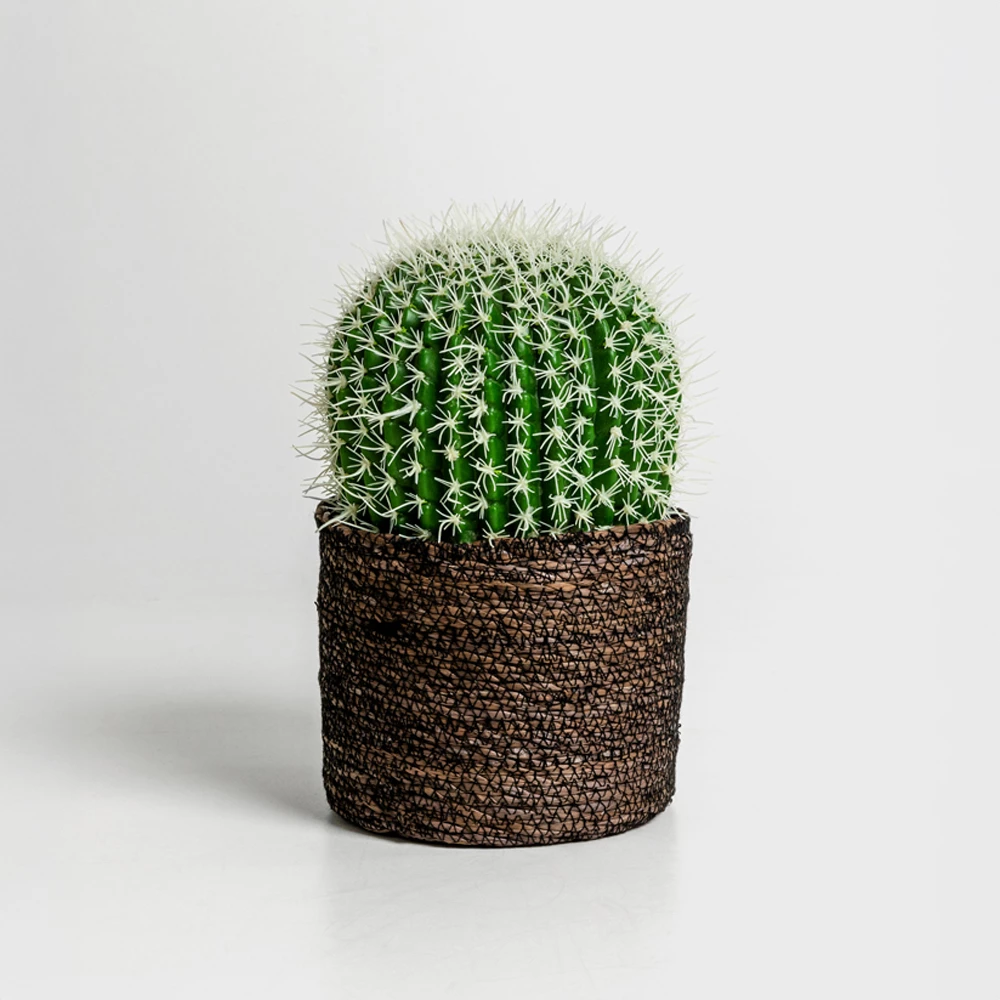 Bimë artificiale FEROCACTUS në vazo, 18x18x30cm, material pëlhurë dhe plastikë, ngjyrë e gjelbër dhe e bardhë