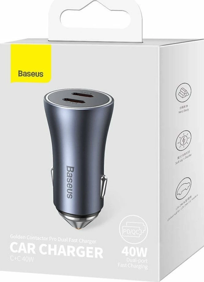 Karikues veture Baseus Golden Contactor Pro CCJDZ-CC (CGJP000013) 40W 2x USB-C 3A Fast Charging 12/24V, gri