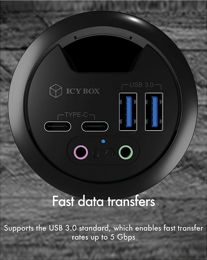 USB hub ICY BOX IB-HUB1403B, 4-port USB 3.0, montim në tavolinë, 4A, antracit