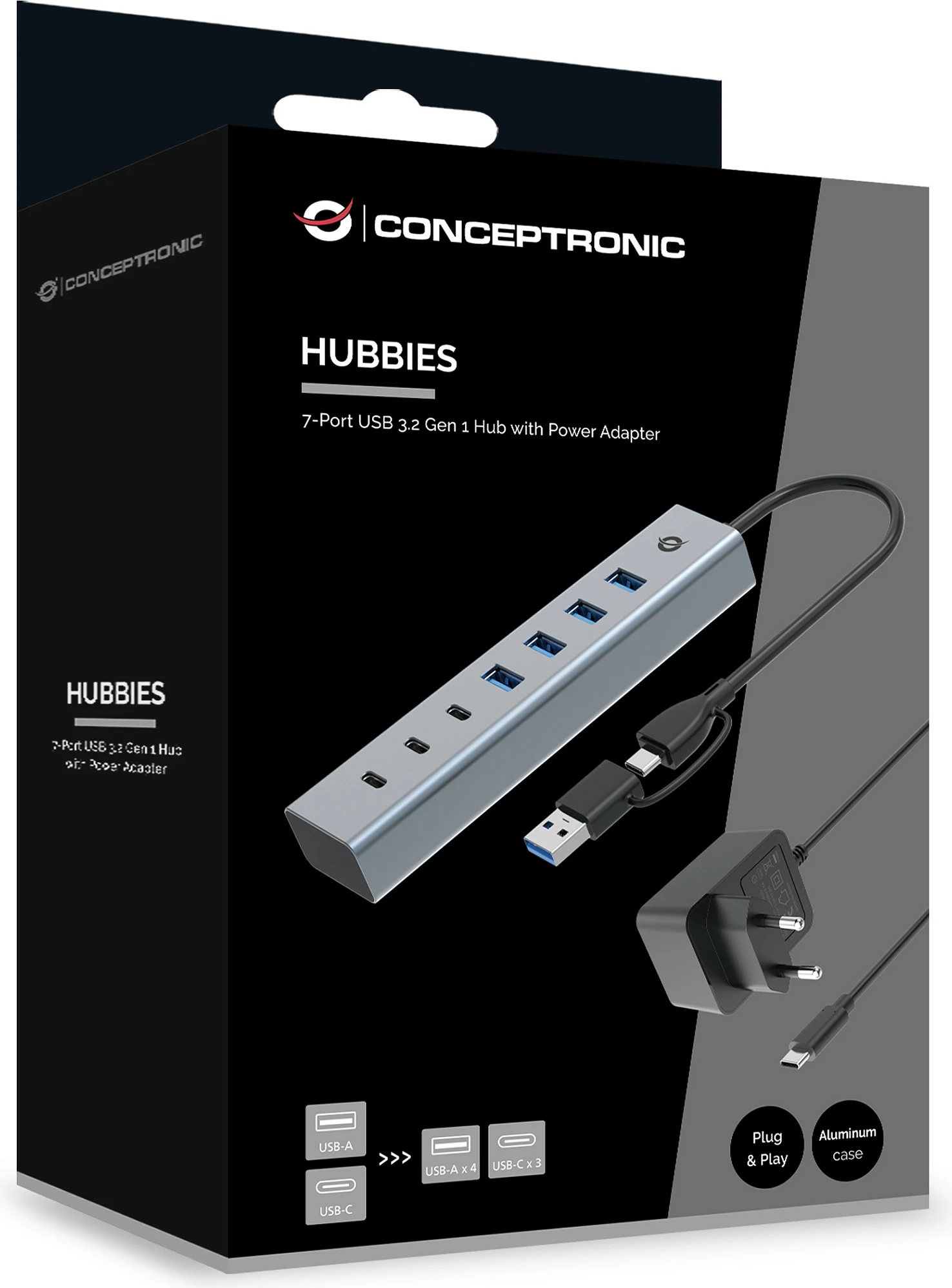 USB hub Conceptronic 7 porta, USB-A 3.0/USB-C, me përshtatës energjie, gri