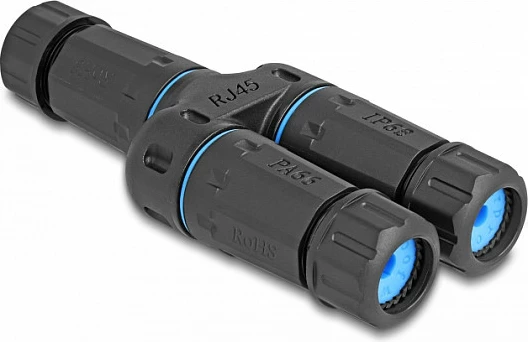 Adapter RJ45 DeLOCK Cat6a IP68, 1x RJ45 në 2x RJ45, i zi/kaltër