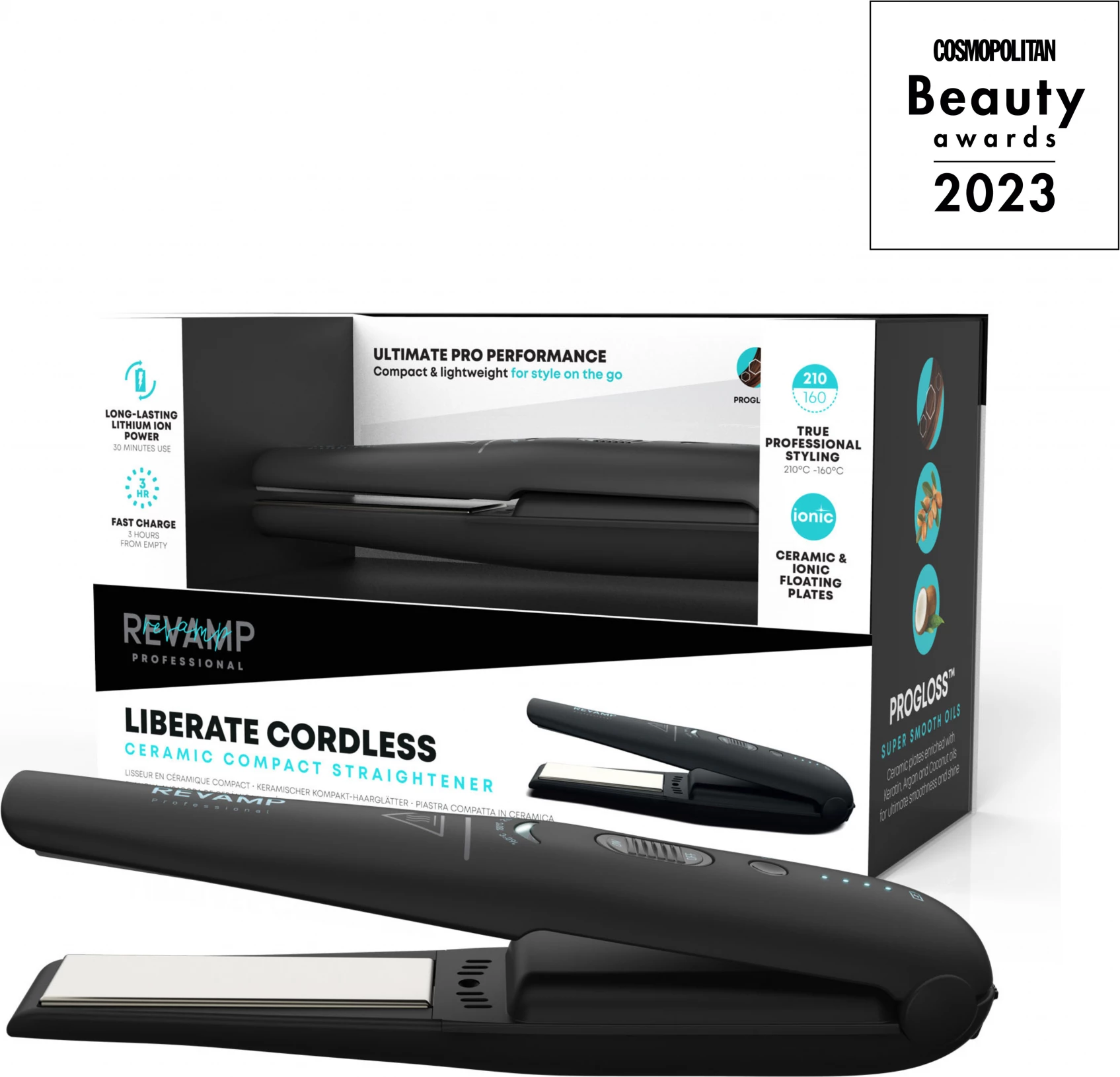Piastrë flokësh pa kabllo Revamp Progloss Liberate ST-1700, 160-210°C, pllaka qeramike jonike, e zezë, me çantë udhëtimi