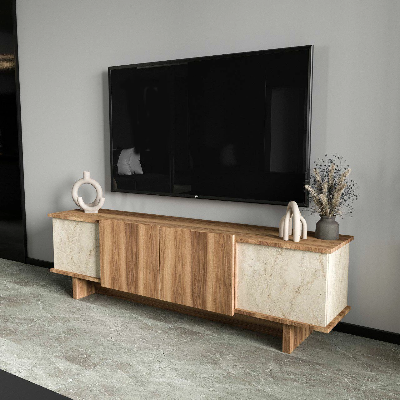 Komodë TV Skye Decor, ngjyrë travertin dhe arre, Diana