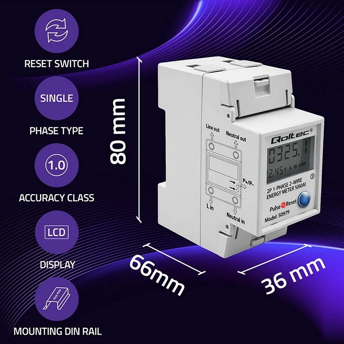 Matës konsumit energjie njëfazore Qoltec 50979, DIN TH35, 230V 60A, LCD/LED, RESET, 2P, gri