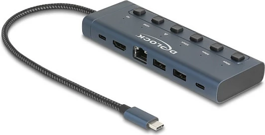 Docking station DeLOCK 92000, USB-C me HDMI 4K 60Hz, RJ-45 Gigabit, 2x USB-A, USB-C, PD 90W, blu