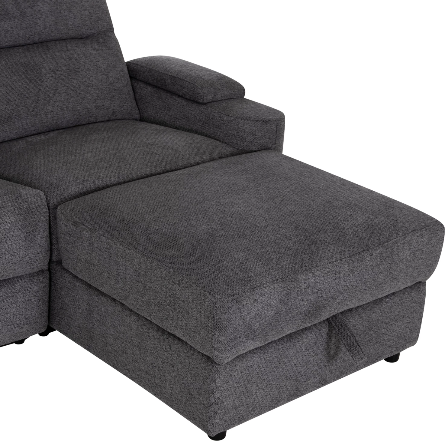 Këndare e djathtë SYNTHIA me recliner elektrik, hapësirë për depo dhe tavolinë, material gri, 246x159x97cm