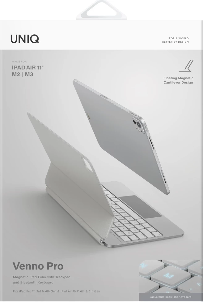 Mbështjellës magnetik me tastierë UNIQ Venno Pro për iPad Air 10.9\" (2020/2022) / iPad Pro 11\" (2021/2022) / iPad Air 11\" (2024/2025/2026), Bluetooth 5.2, trackpad, bateri 400 mAh, i bardhë