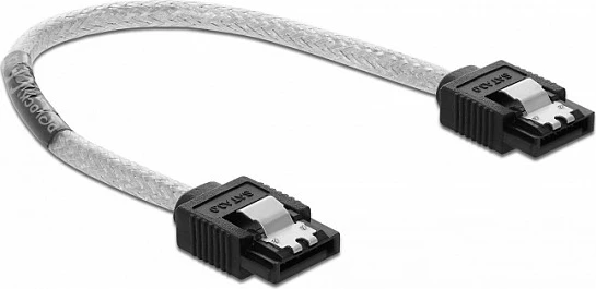 Kabllo SATA DeLOCK 85340, 0.2 m, 7-pin në 7-pin, 6 Gb/s, e zezë/transparent