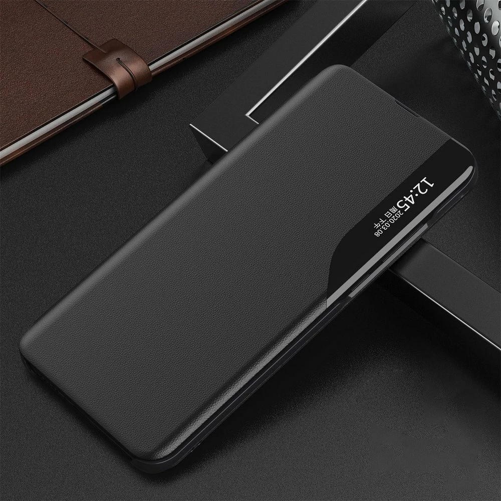 Mbështjellës Hurtel Eco Leather View Case për Samsung Galaxy A72 4G, me kapak dhe qëndrim, i zi