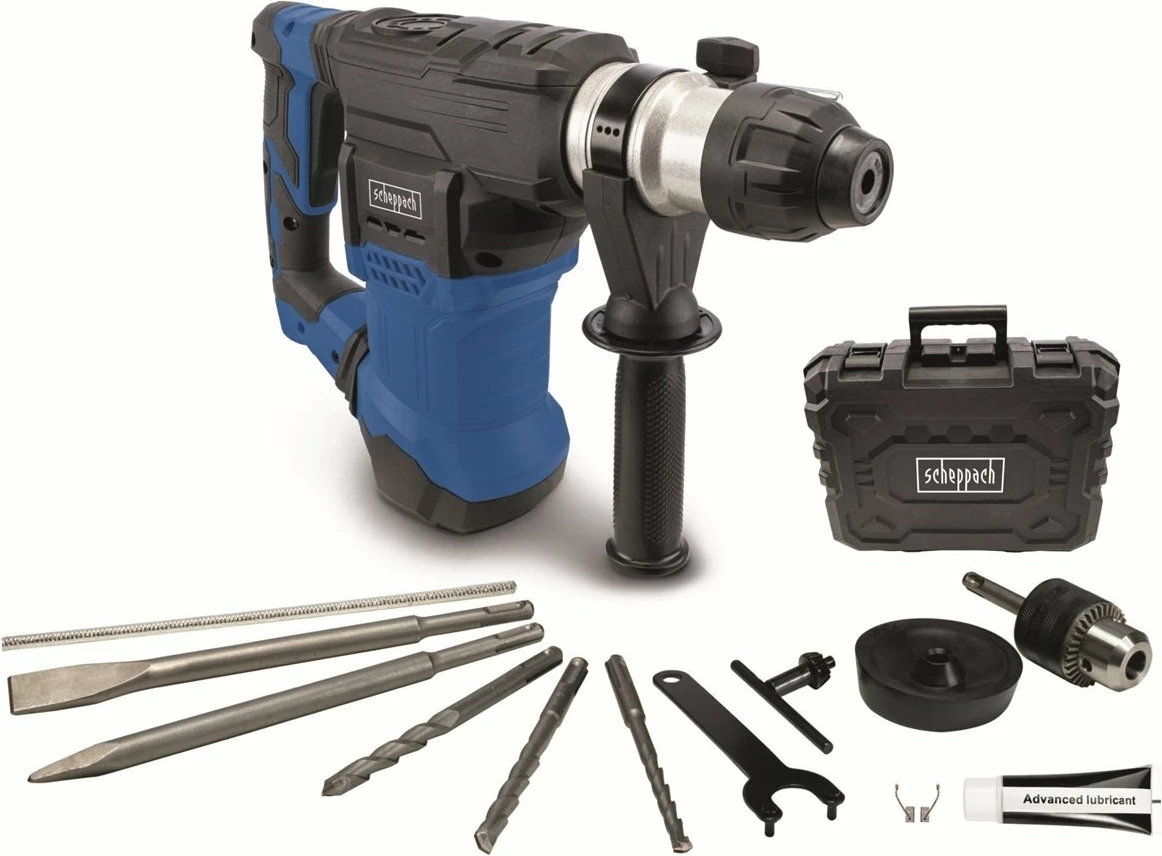 Çekiç shpues rrotullues Scheppach DH1500Plus SDS-Plus 7 J me set aksesorësh, Blu/Zi