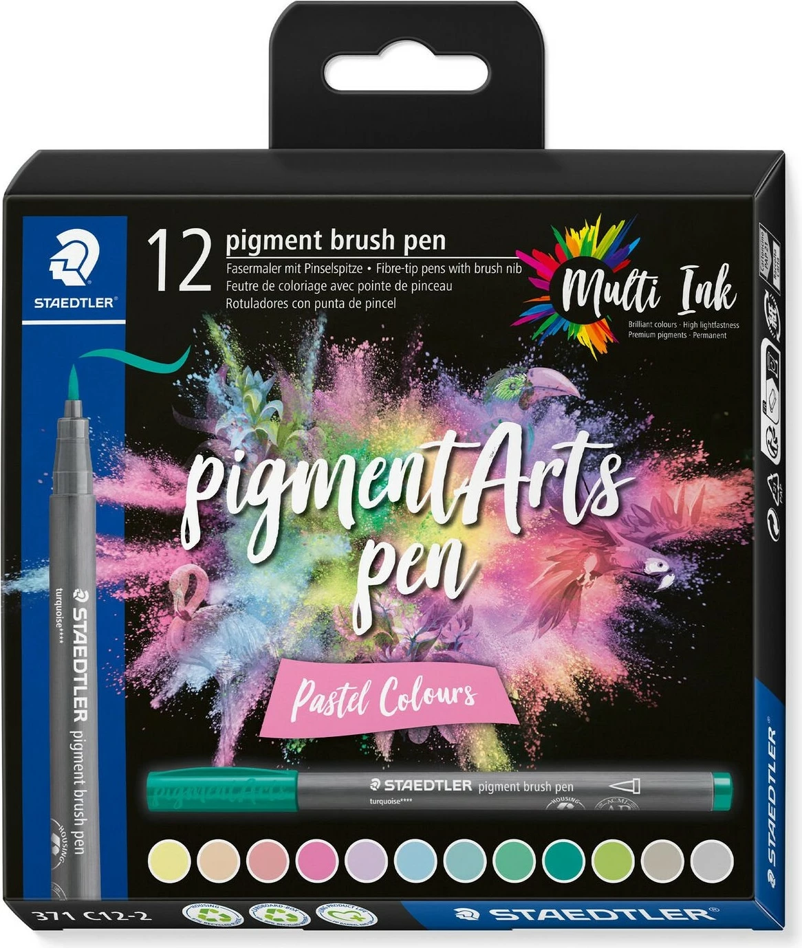 Brush pen STAEDTLER Pigment Arts, 12 ngjyra pastel, ujë-bazë, plastikë, paketim varës, multikolor