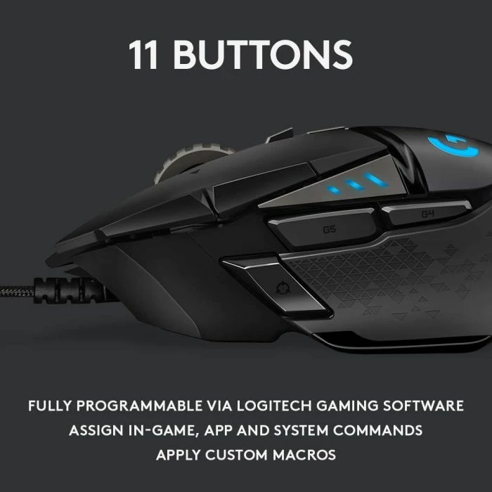 Maus gaming Logitech G502 HERO 910-005471, 25,600 DPI, 11 butona, RGB LIGHTSYNC, me kabllo, me pesha të rregullueshme, i zi