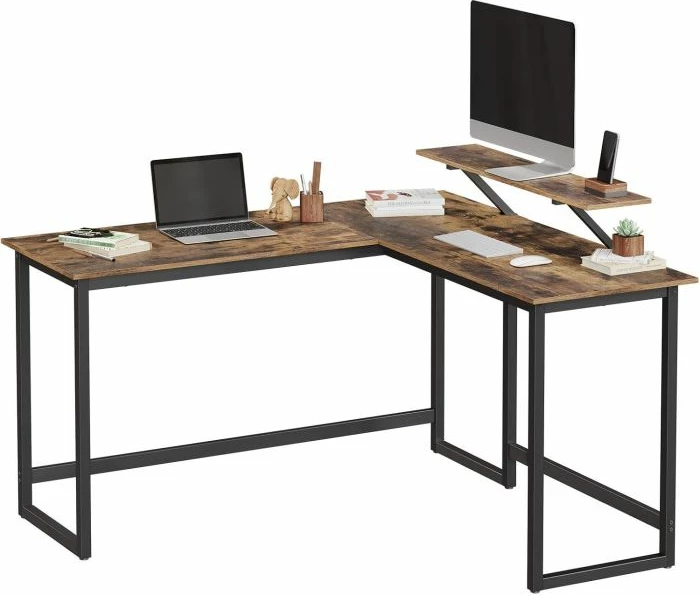 Tavolinë kompjuteri këndore L-shape VASAGLE/SONGMICS ALINRU LWD56X, 140×130 cm, me raft monitori, kafe rustike/zezë