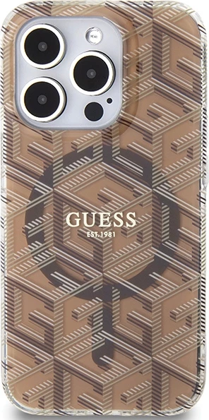 Mbështjellës Guess IML GCube MagSafe për iPhone 15 Pro, kafe