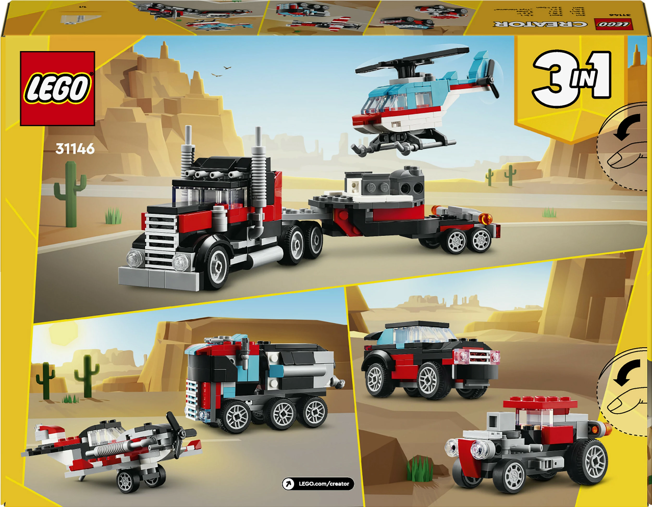 Set ndërtimi LEGO Creator 3in1, Kamion me platformë dhe Helikopter, 270 pjesë, Multingjyrësh