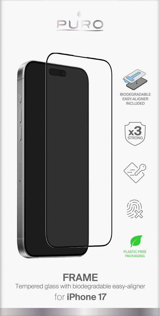 Xham i temperuar Puro Frame për iPhone 17 me aplikator, kornizë e zezë