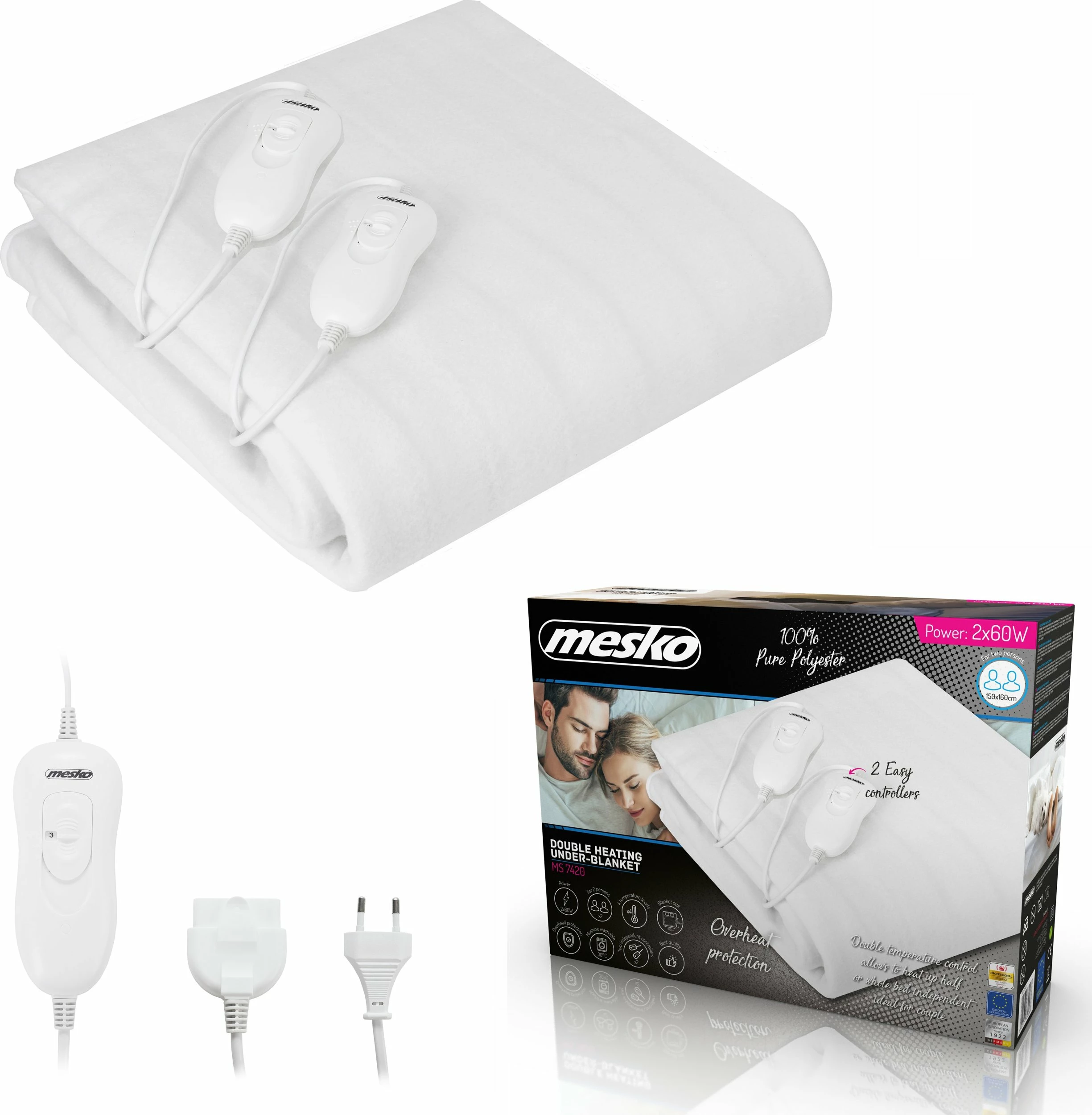 Batanije elektrike nënçarçaf Mesko MS 7420, 150x160 cm, 120 W, për 2 persona, e bardhë