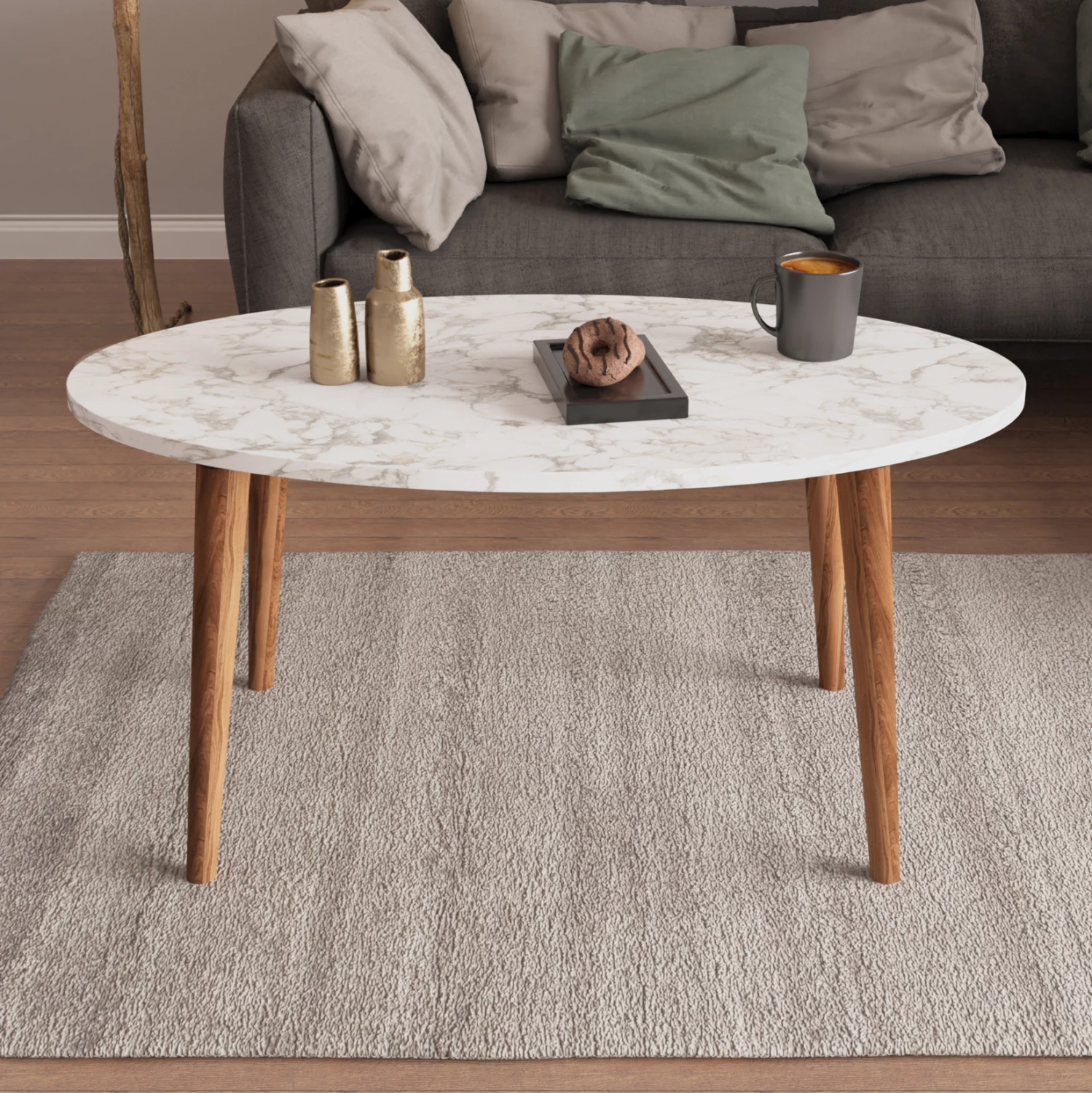 Set tavolinash kafeje dhe 3 tavolina anësore VITAL FH18180.03 melaminë, ngjyrë mermeri të bardhë, këmbë druri ngjyrë arre