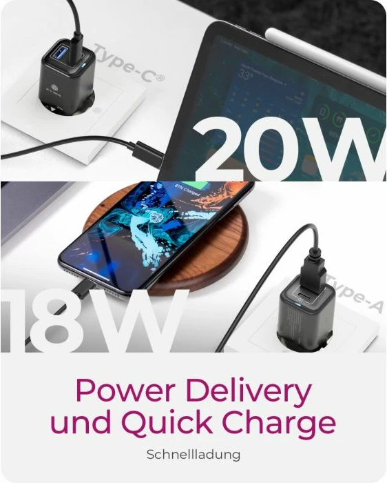 Karikues ICYBOX IB-PS1020-PD 20W, USB-C PD + USB-A, i zi, set 1 copë