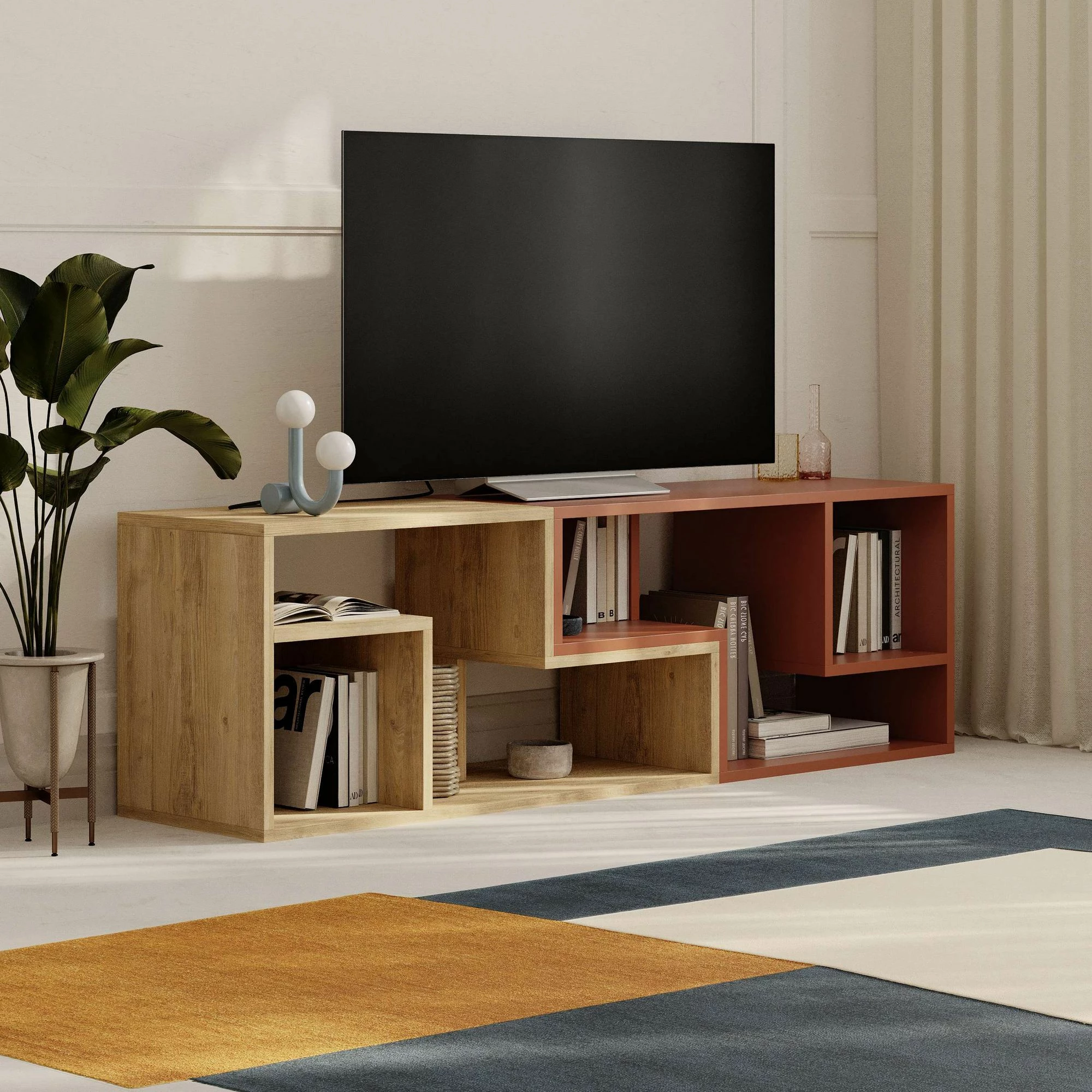 Komodë TV Skye Decor, ngjyrë Sapphire Oak dhe Cinnamon