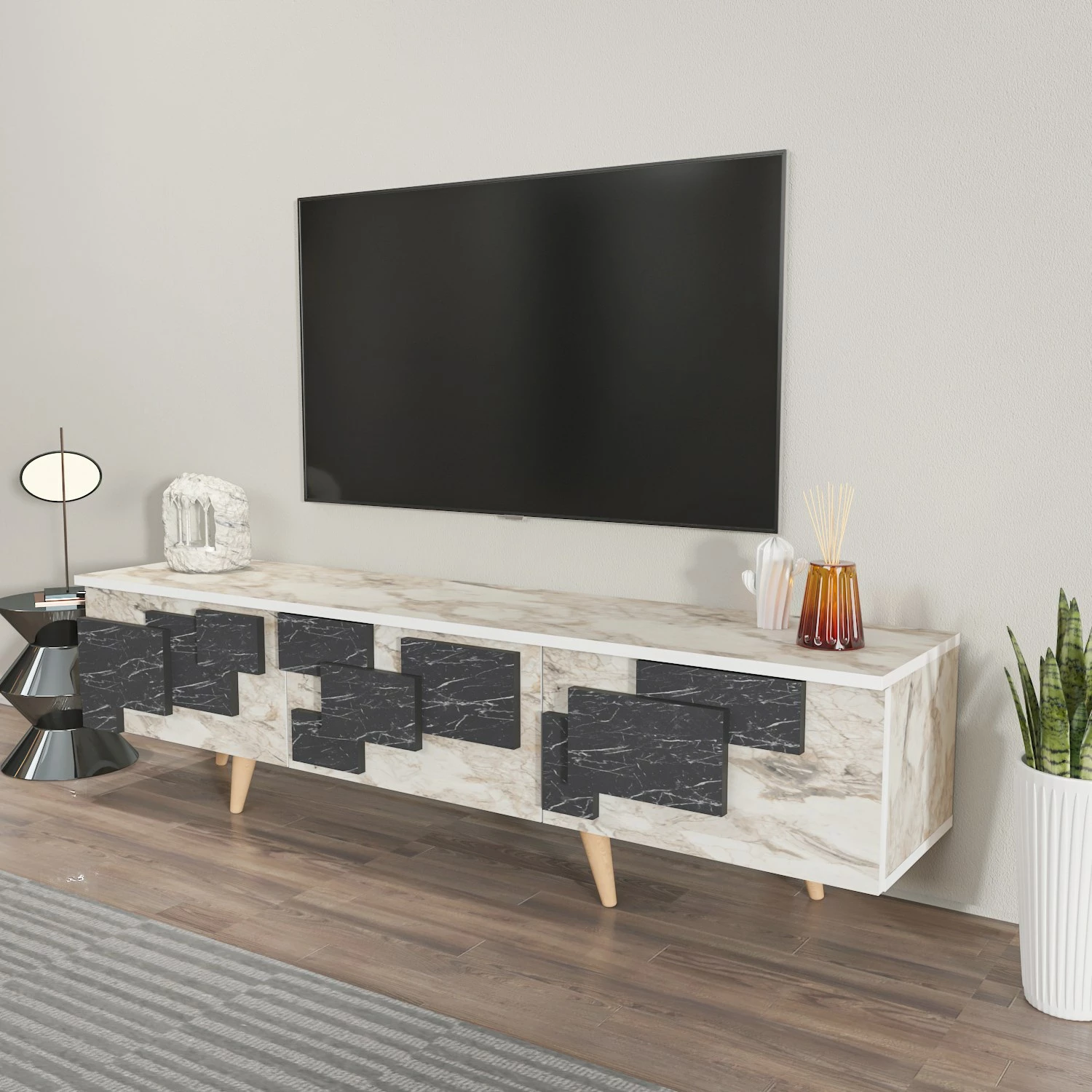 Komodë TV Hanah Home, 3 D, e bardhë, mermer