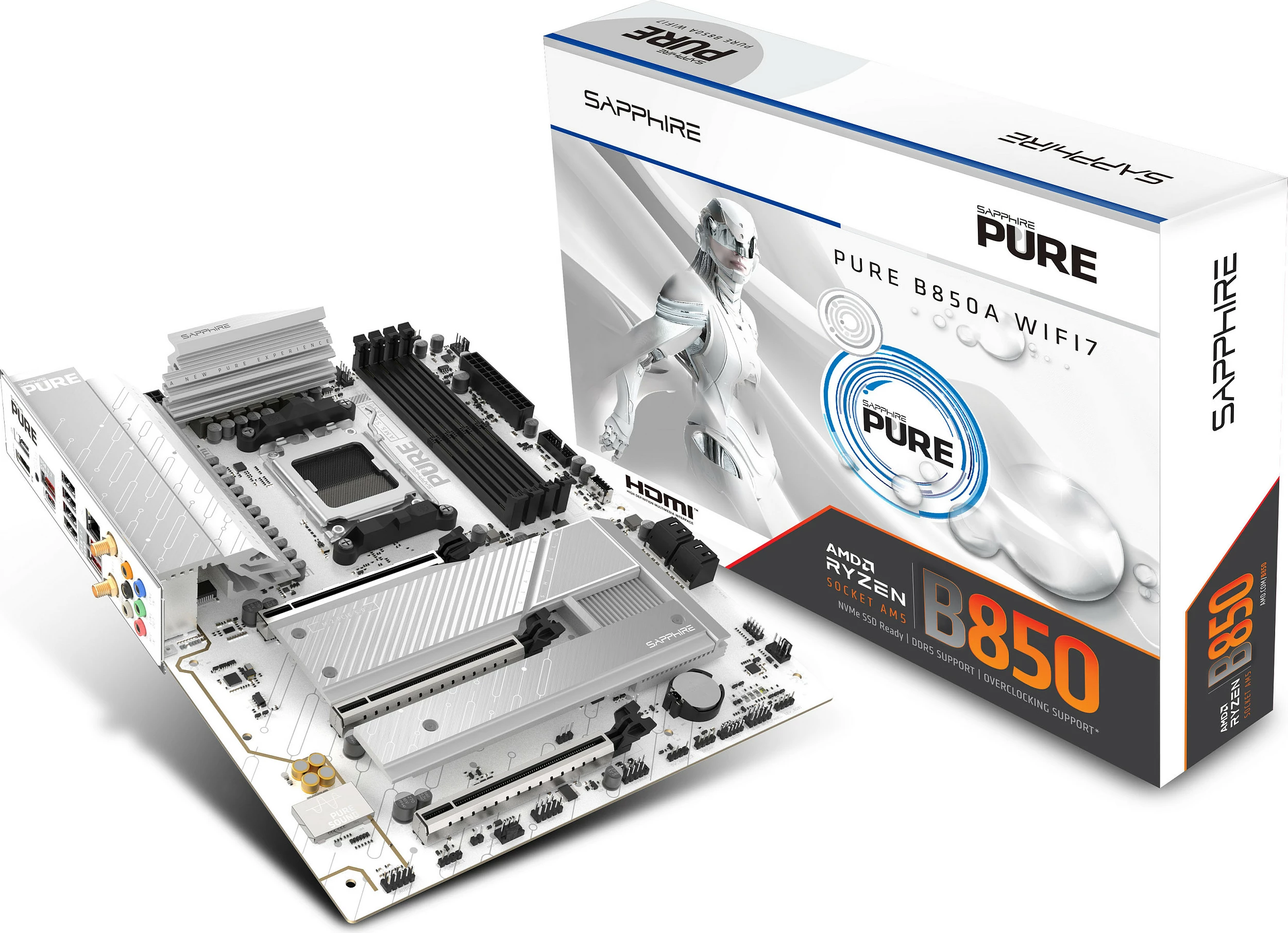 Pllakë amë Sapphire PURE B850A WIFI7, AM5, mATX, 3x M.2, Wi‑Fi 7, e bardhë