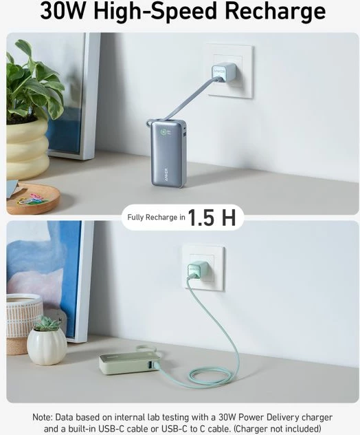 Powerbank ANKER 545 Nano 10000mAh 30W me kabllo USB-C të integruar, e gjelbër