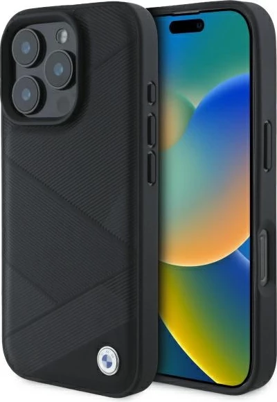 Mbështjellës BMW Sign Leather Crossing Lines Pattern për iPhone 16 Pro Max, lëkurë, zi