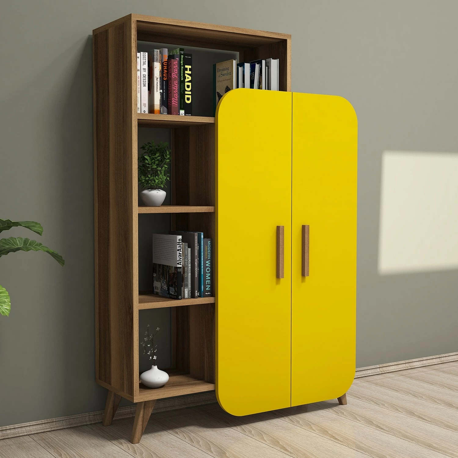 Raft librash Hanah Home, formë moderne, ngjyrë arrë dhe e verdhë