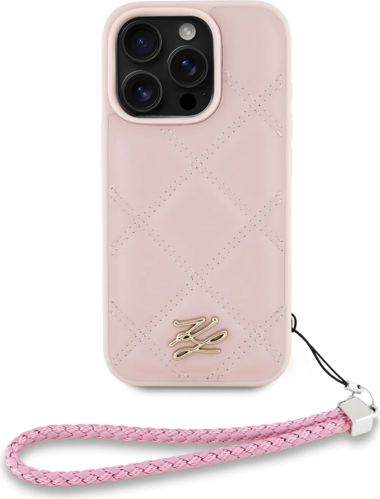 Mbështjellës Karl Lagerfeld Quilted Initial Logo & Chain Strap për iPhone 16 Pro, Rozë