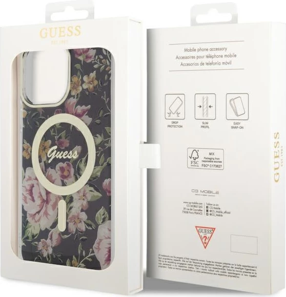 Mbështjellës Guess GUHMP14XHCFWSK për iPhone 14 Pro Max 6.7", MagSafe, lule, zi