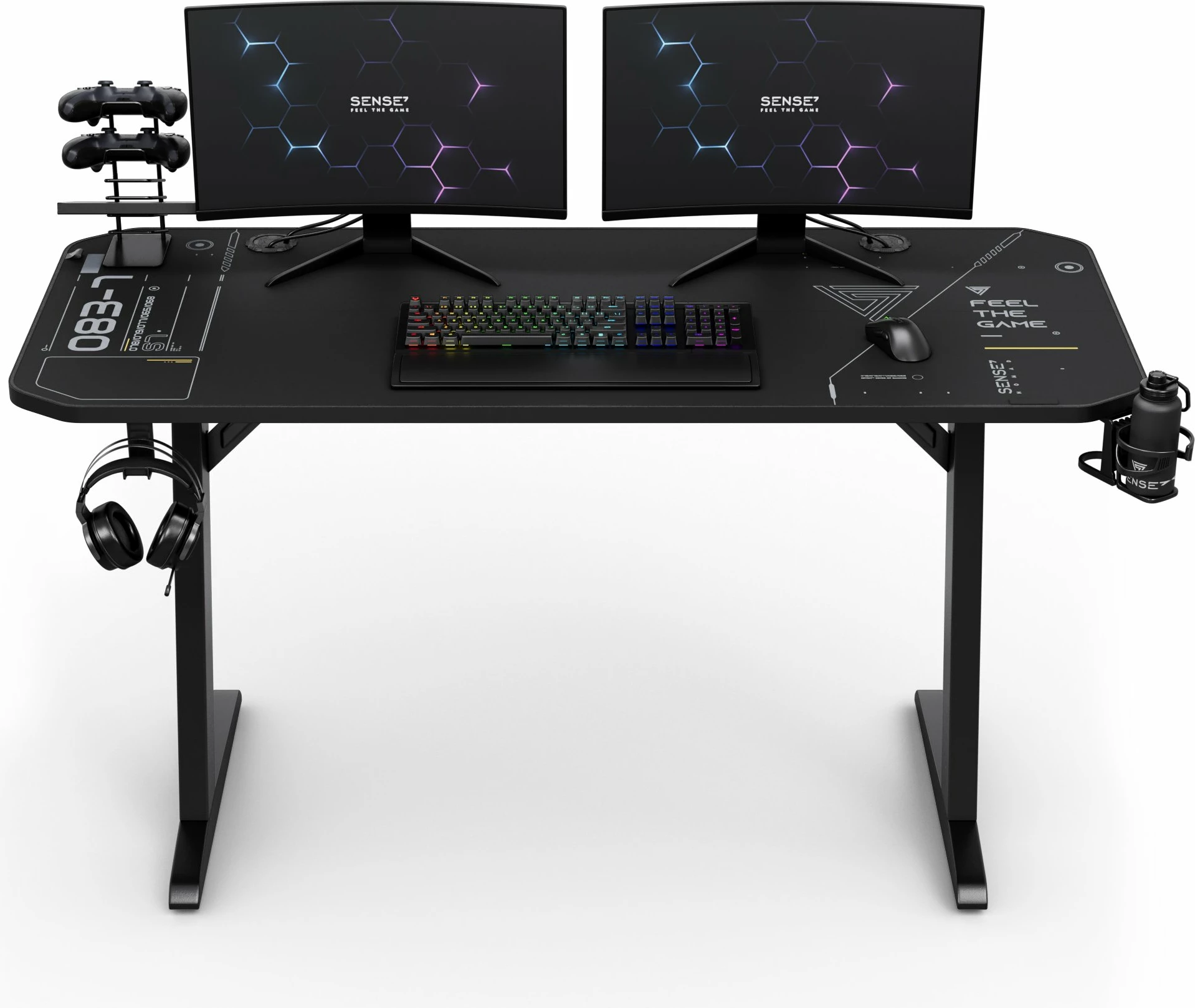 Tavolinë gaming SENSE7 Nomad Cybernetic 140x60 cm, me mauspad të plotë, e zezë, set me mbajtëse filxhani x2