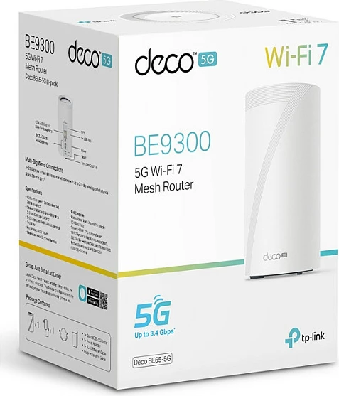 Router Mesh TP-Link Deco BE65-5G, Wi‑Fi 7 BE9300, modem 5G, Tri-band, 3x 2.5GbE, i bardhë