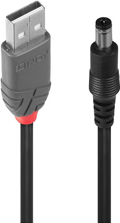 Kabllo adapter LINDY USB-A në DC 5.5/2.1mm, 1.5m, USB 2.0, e zezë