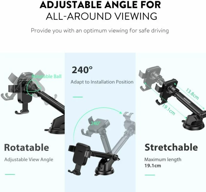 Mbajtëse telefoni për veturë UGREEN 60990, suction cup, gravity, 360°, për 4.7"-7", e zezë, në kuti
