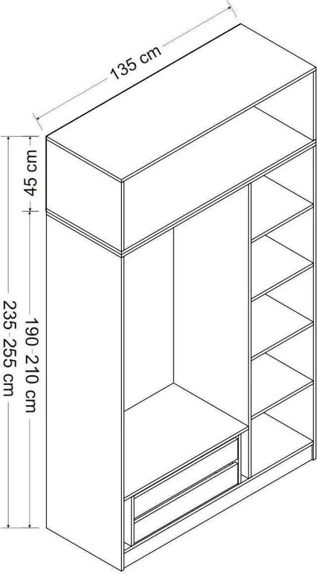 Dollap garderobe, 3 kapakë, 2 sirtarë, ngjyrë e bardhë dhe antracit, Skye Decor, 135x235x52cm