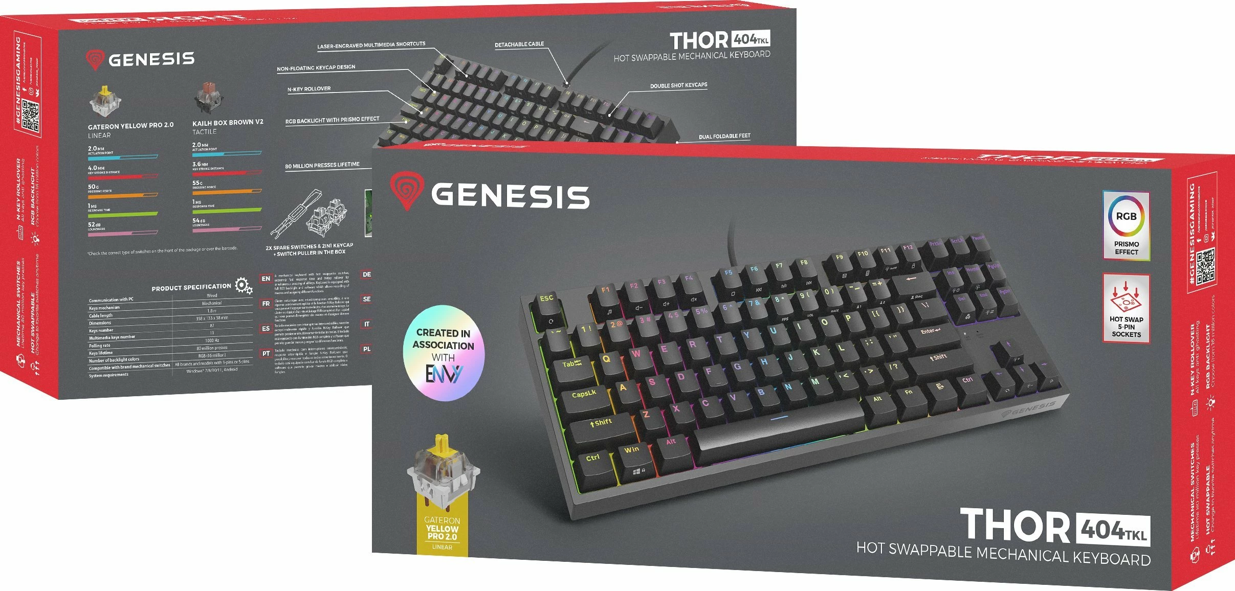 Tastierë mekanike GENESIS Thor 404 TKL NKG-2069, Gateron Yellow Pro, Hot-Swap, RGB, USB me kabllo, US layout, e zezë