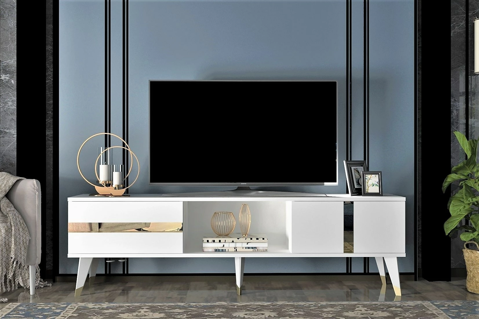 Komodë TV Hanah Home, Vania, e bardhë dhe ari